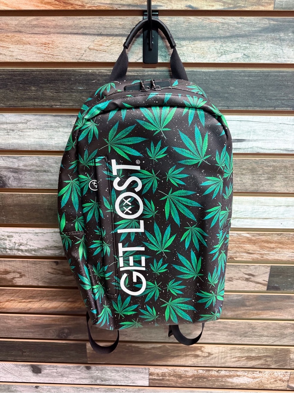 Get Lost Black & Green Leaf Print - Premium Leather Smell Proof Backpack
